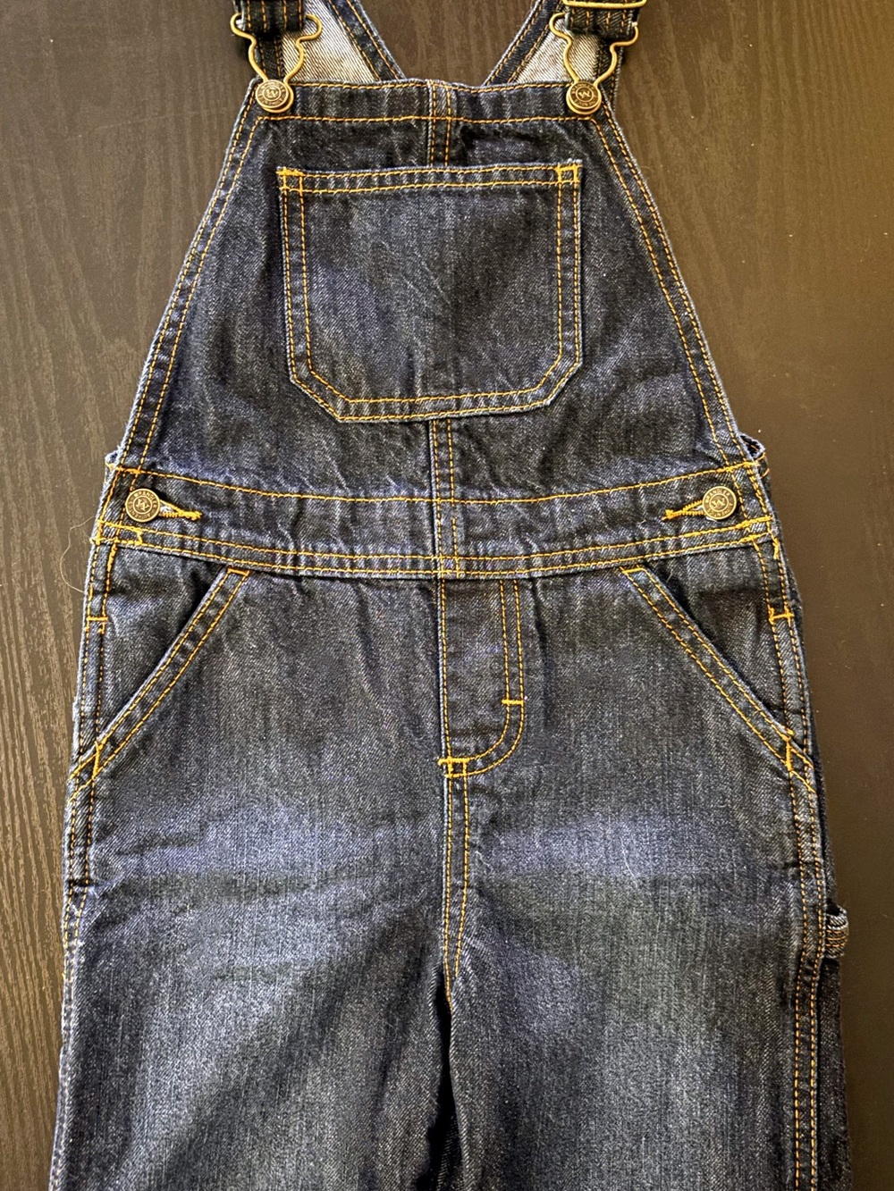 Dark Denim Overalls with Yellow Topstitching